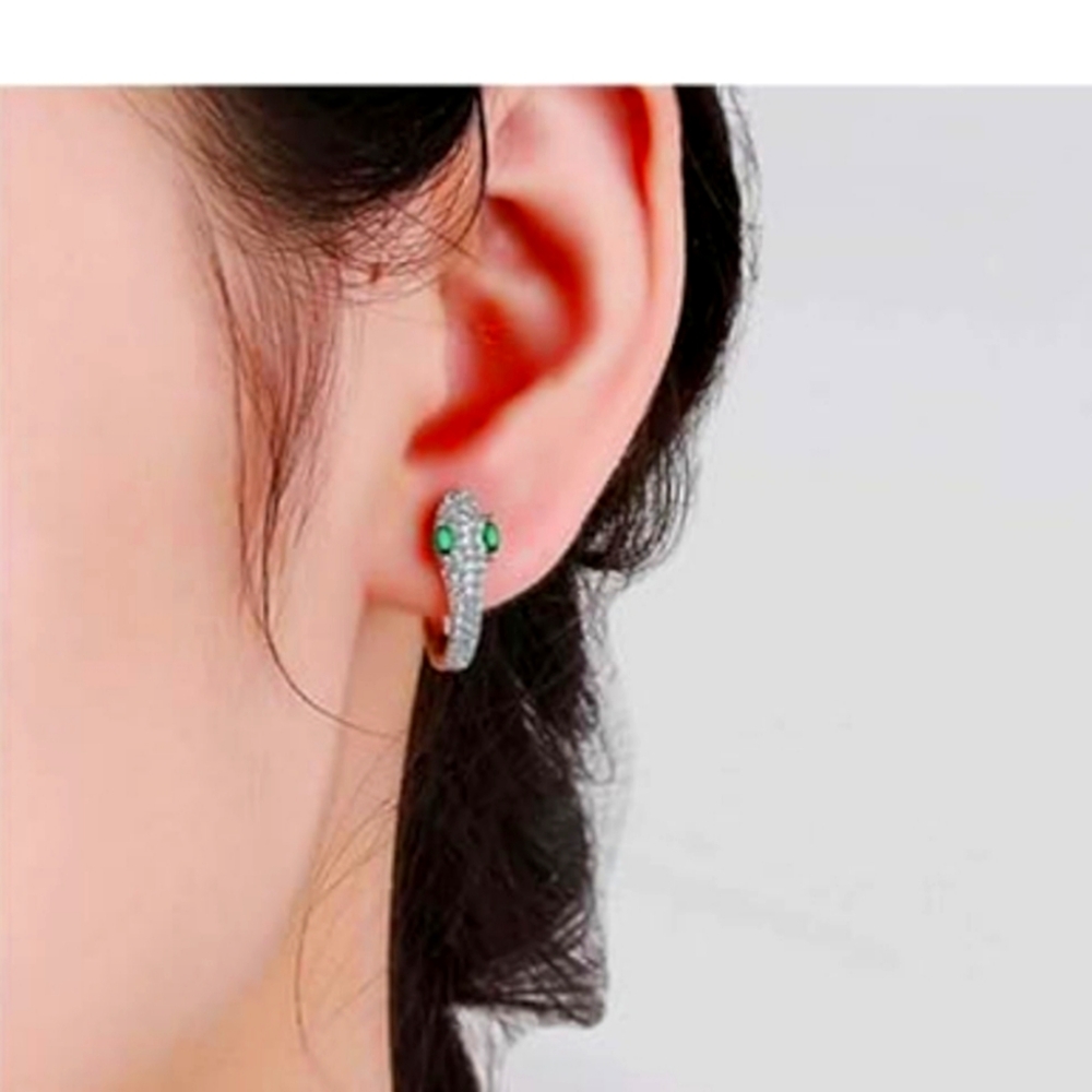 Silver rhinestone‎ snake hoop earrings with green stones in the eye size small S